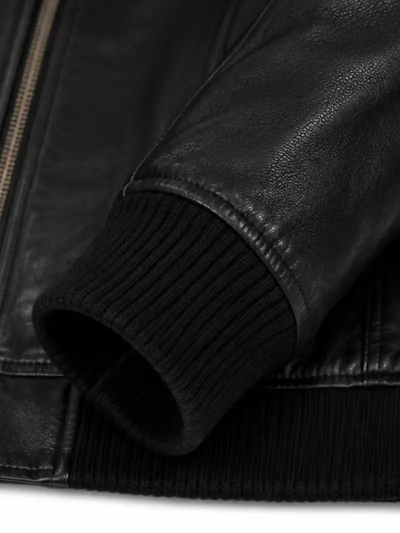 Women's black sheepskin leather hooded jacket, cuff detail