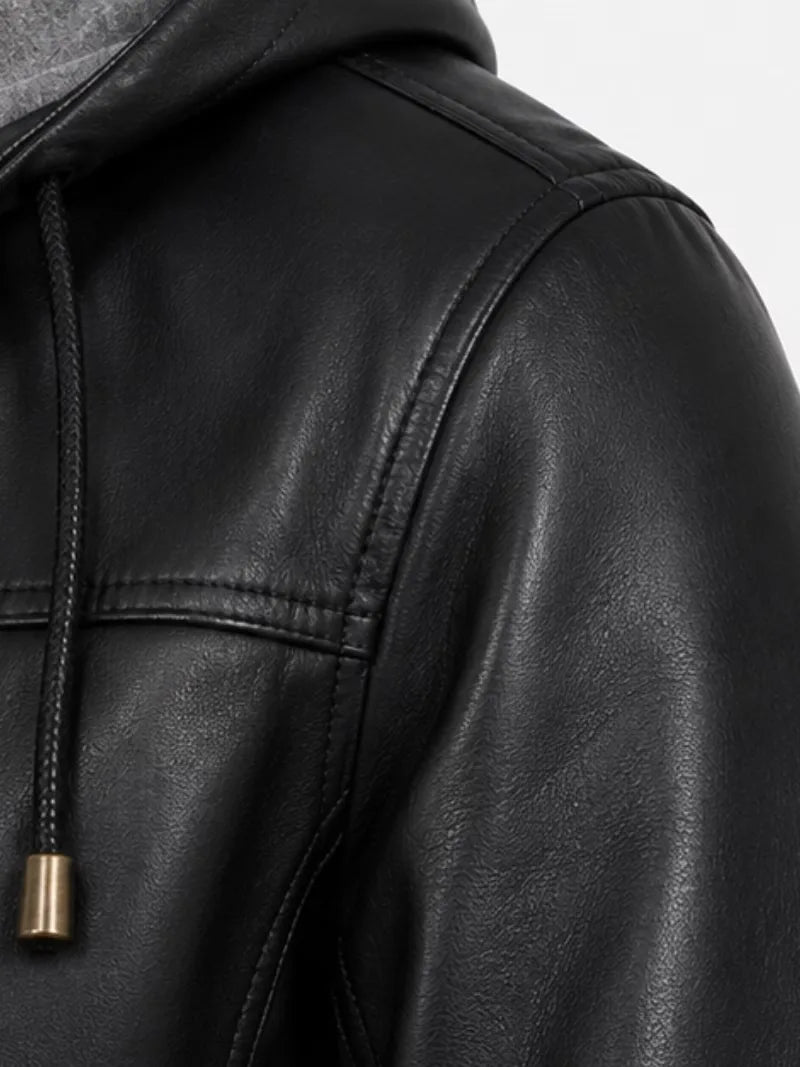 Women's black cowhide leather hooded jacket, collar detail