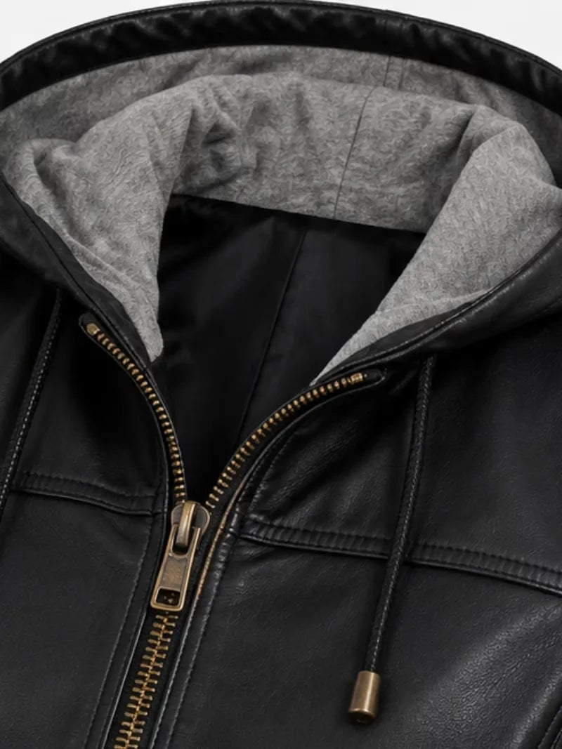 Women's black cowhide leather hooded jacket, side view
