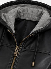 Women's black cowhide leather hooded jacket, side view