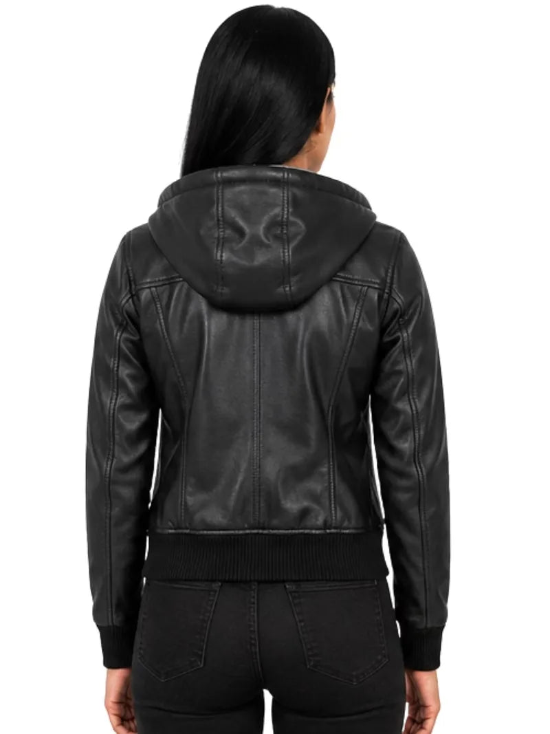 Women's black cowhide leather hooded jacket, back view