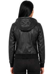 Women's black cowhide leather hooded jacket, back view