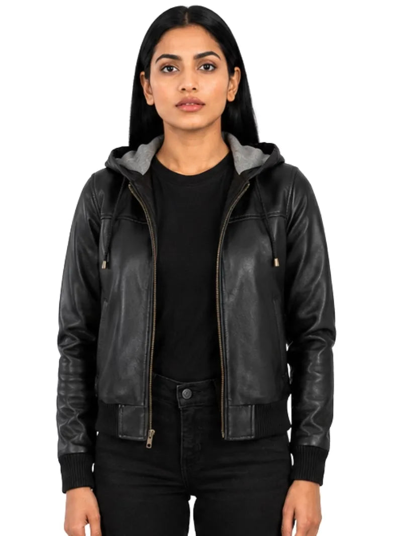 Women's black cowhide leather hooded jacket, front view