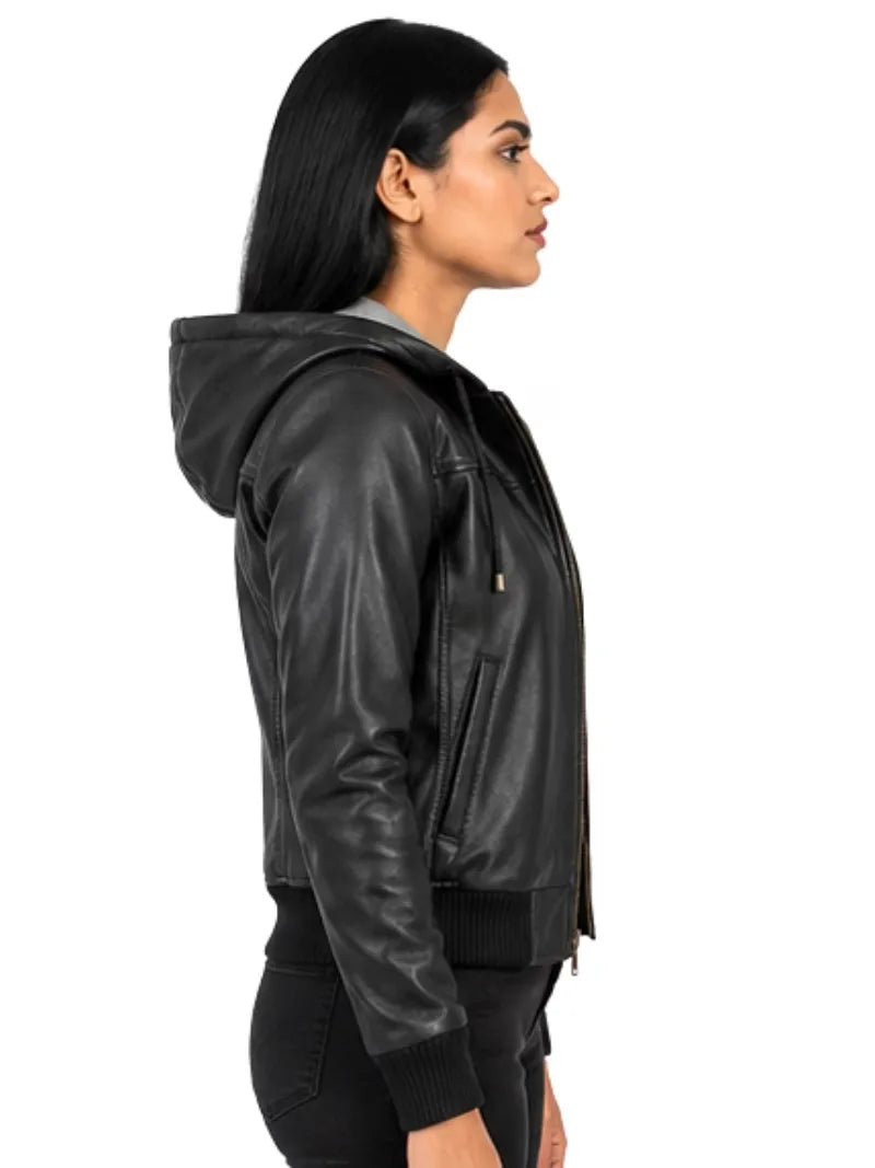 Women's black cowhide leather hooded jacket, pocket detail