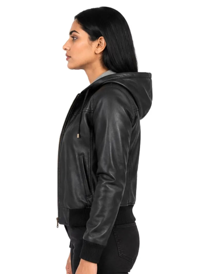 Women's black cowhide leather hooded jacket, lining detail