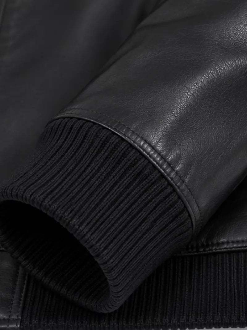 Women's black cowhide leather hooded jacket, cuff detail