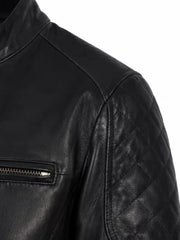 Women's black sheepskin leather jacket, collar detail