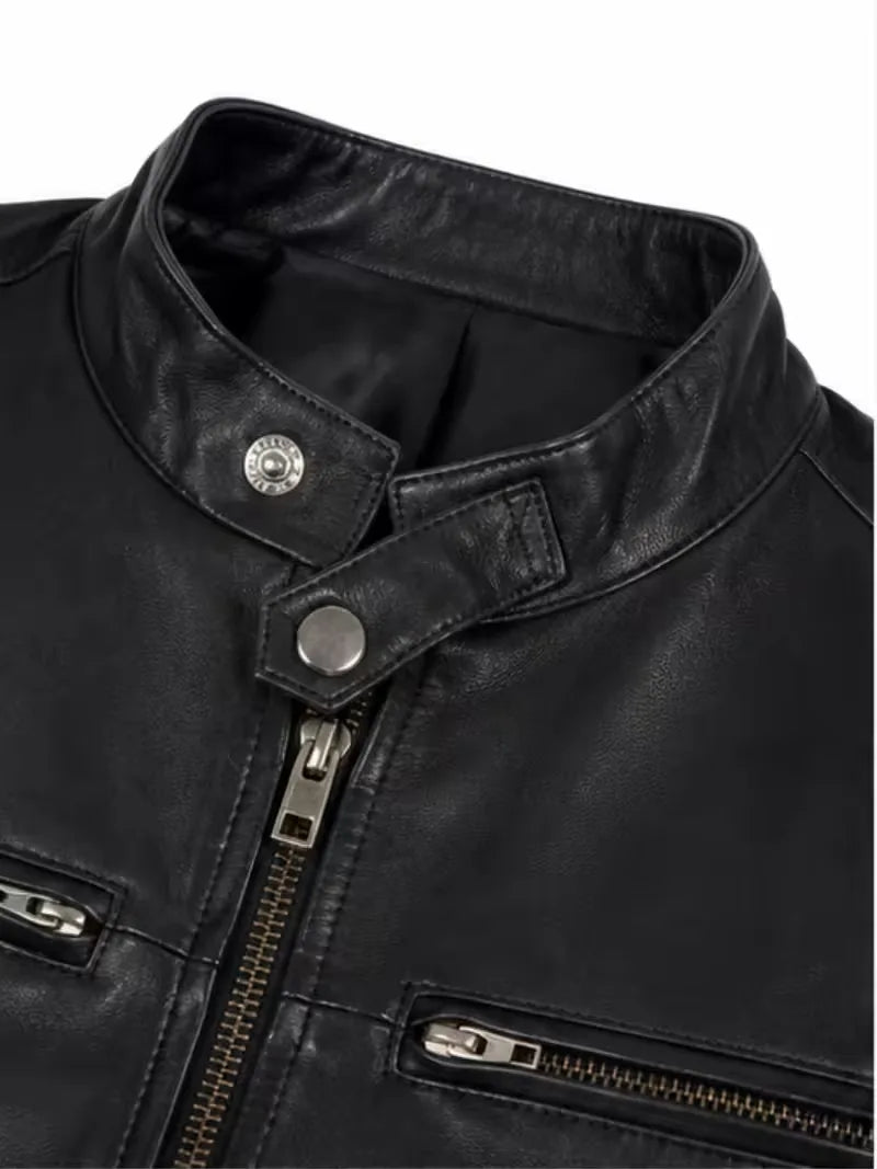 Women's black sheepskin leather jacket, side view