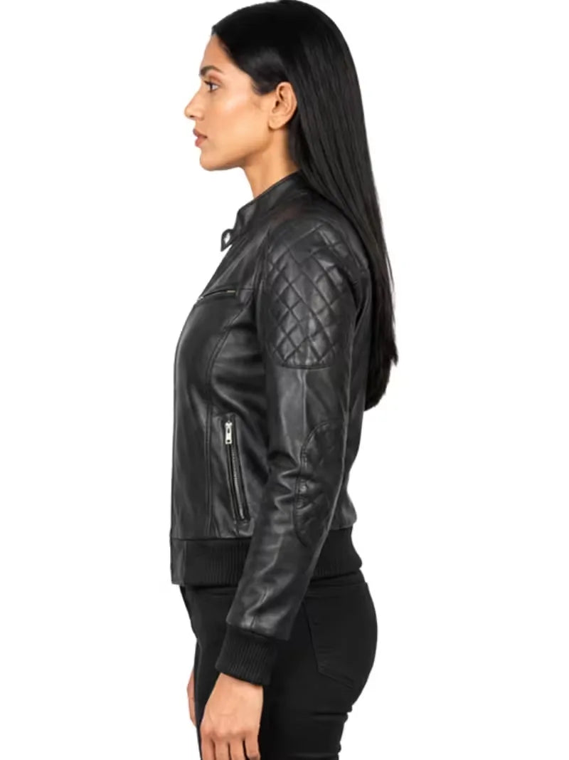 Women's black sheepskin leather jacket, lining detail