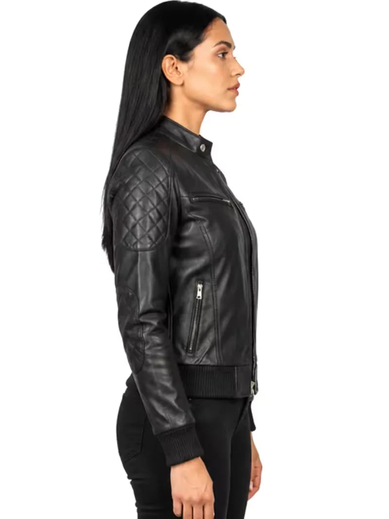 Women's black sheepskin leather jacket, pocket detail