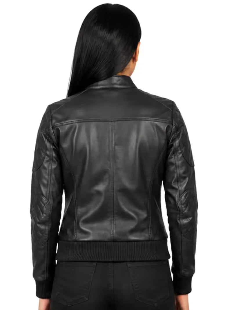 Women's black sheepskin leather jacket, back view