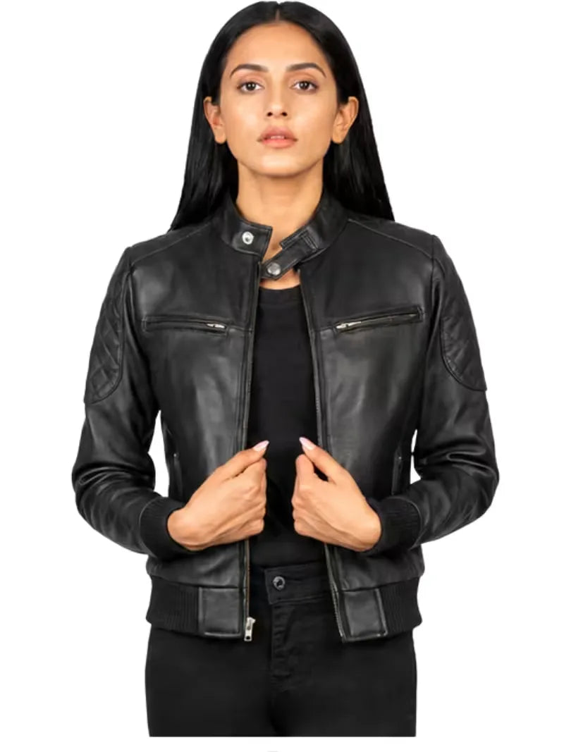 Women's black sheepskin leather jacket, front view