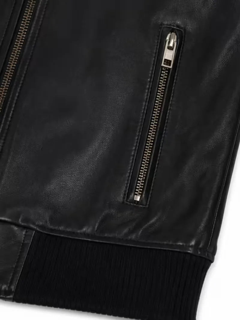 Women's black sheepskin leather jacket, zip and closure detail