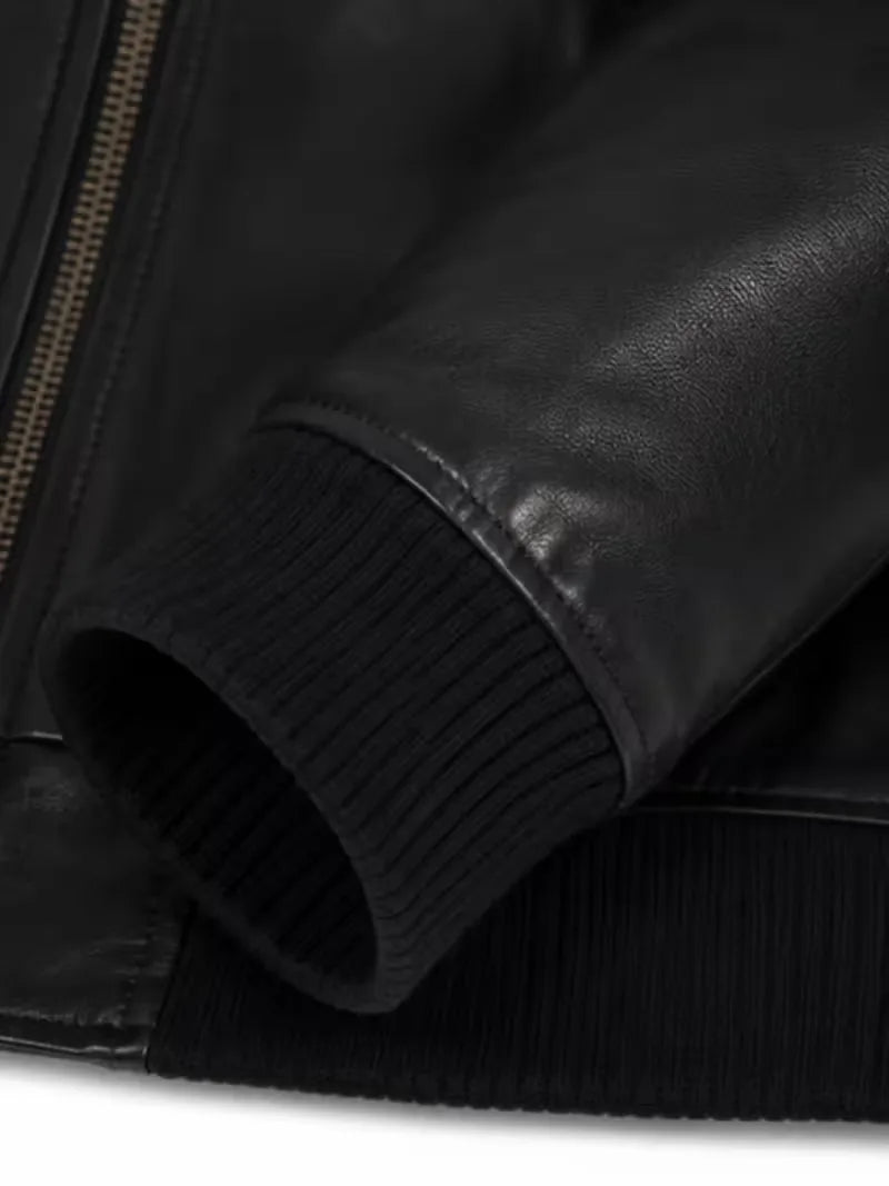 Women's black sheepskin leather jacket, cuff detail