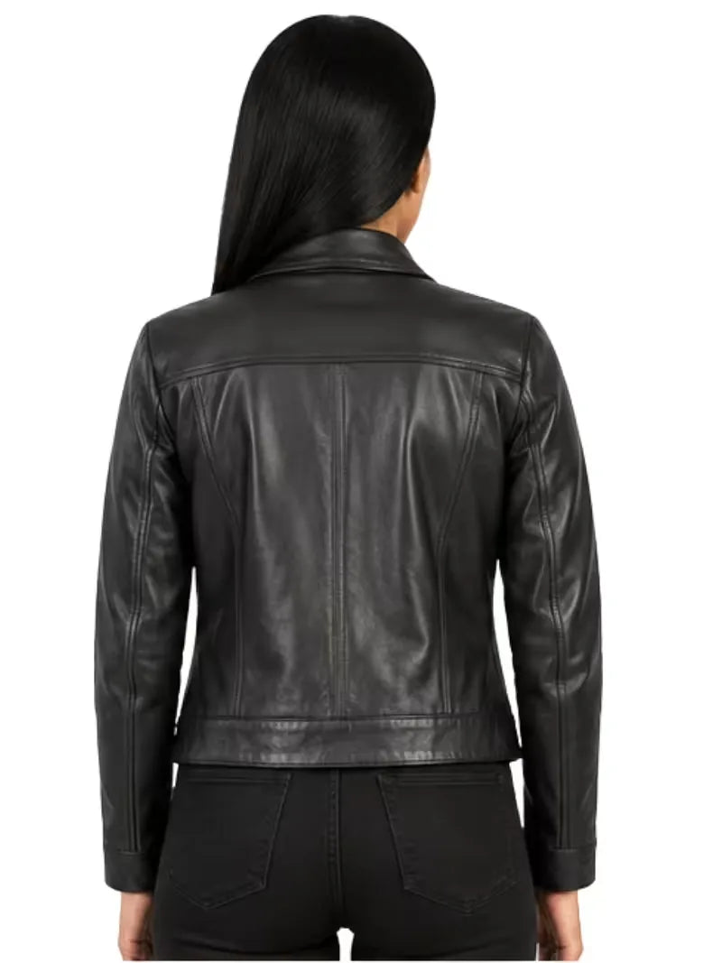 Women's black sheepskin leather shirt jacket, back view