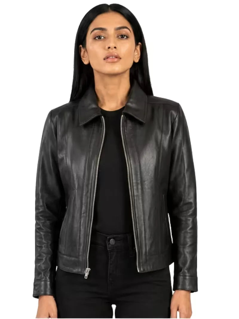 Women's black sheepskin leather shirt jacket, front view