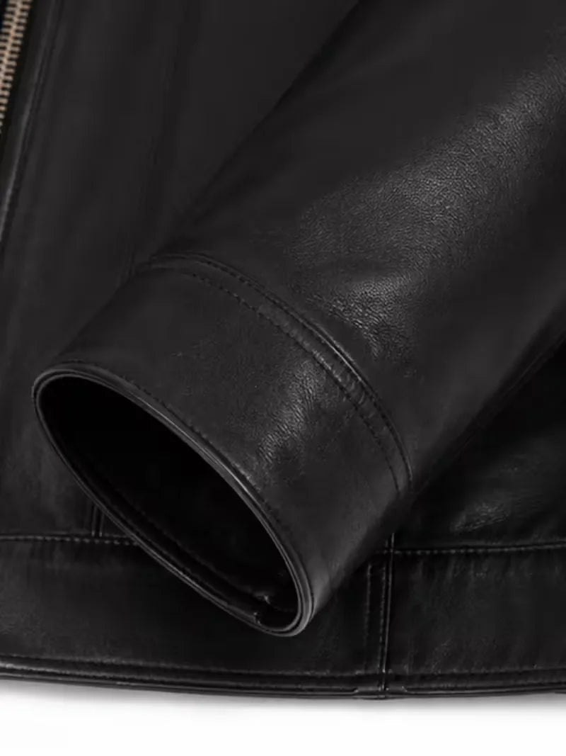 Women's black sheepskin leather shirt jacket, cuff detail