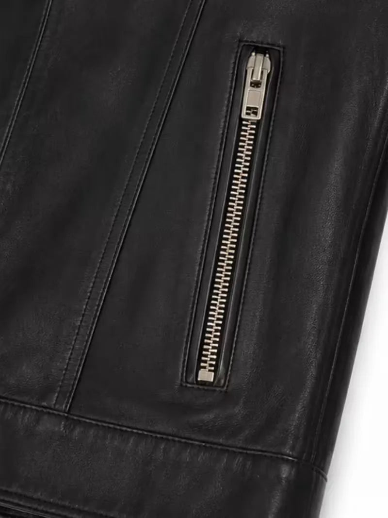 Women's black sheepskin leather shirt jacket, zip and closure detail