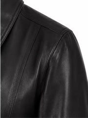 Women's black sheepskin leather shirt jacket, collar detail
