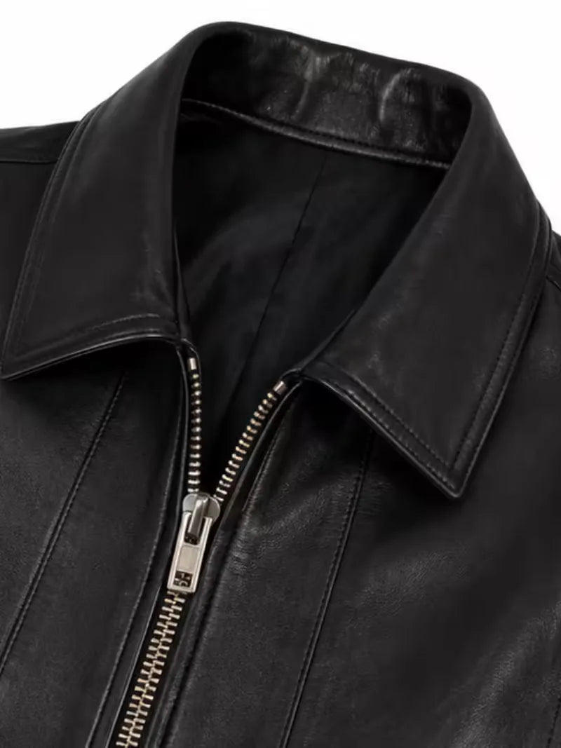 Women's black sheepskin leather shirt jacket, side view
