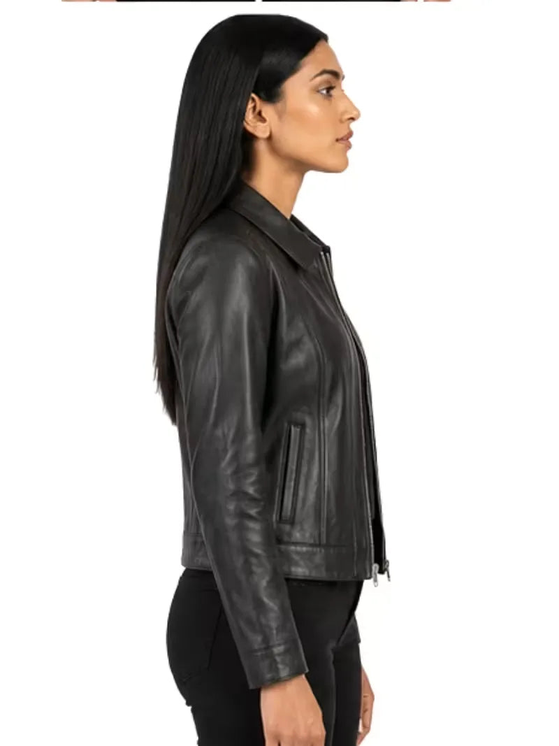 Women's black sheepskin leather shirt jacket, pocket detail