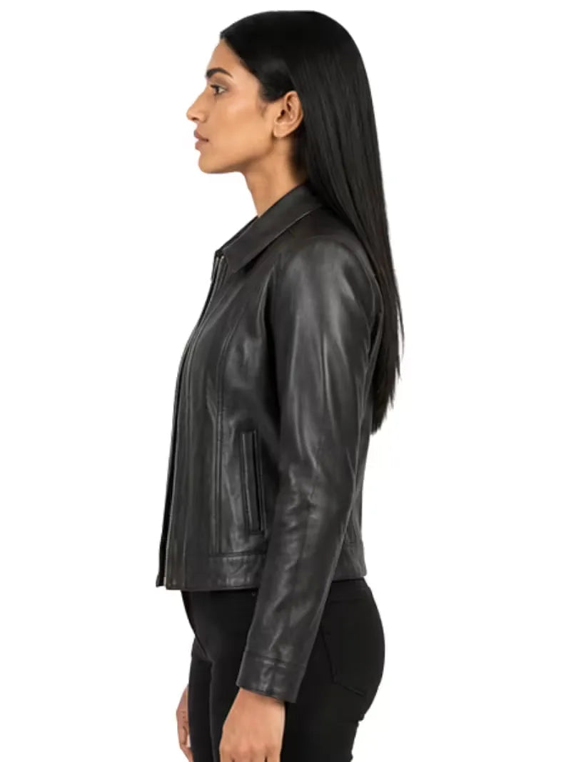 Women's black sheepskin leather shirt jacket, lining detail