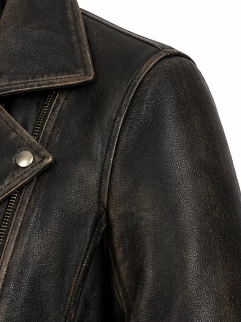 Women's brown sheepskin leather jacket, collar detail