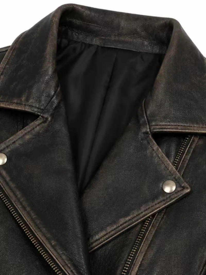 Women's brown sheepskin leather jacket, side view