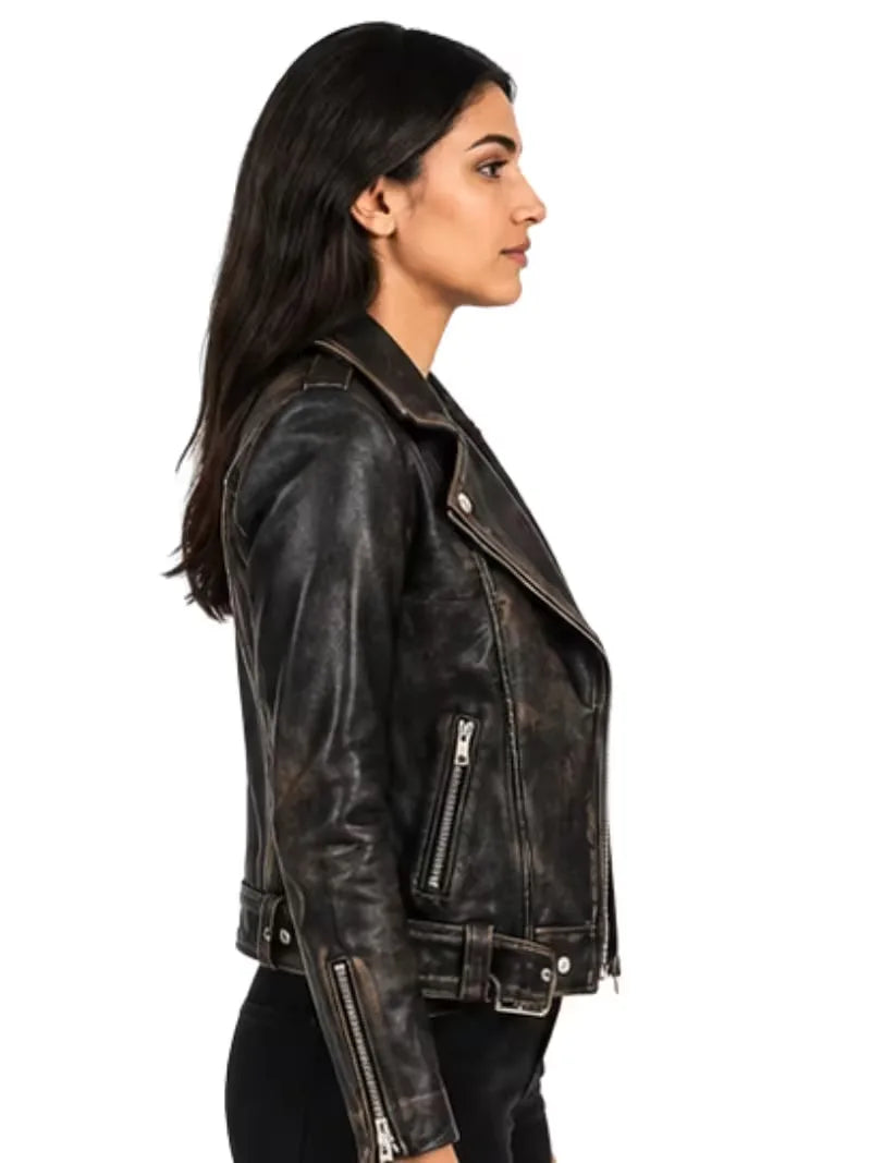 Women's brown sheepskin leather jacket, pocket detail