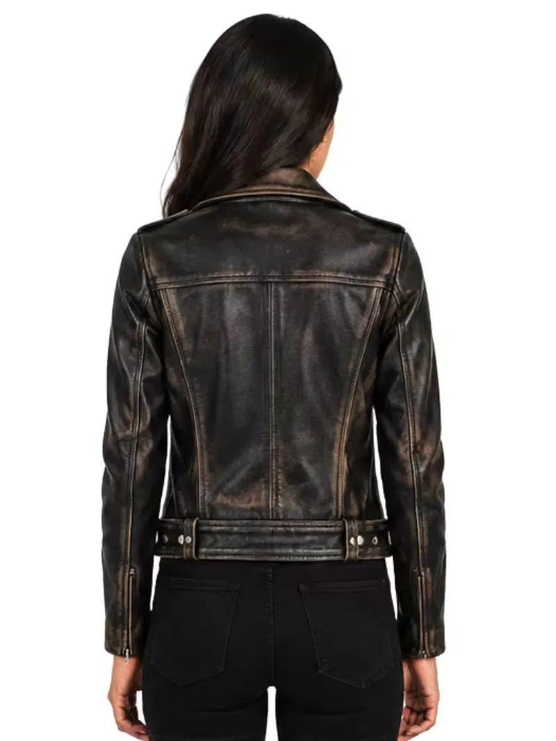 Women's brown sheepskin leather jacket, back view