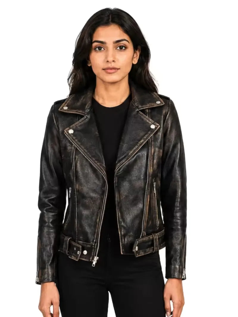 Women's brown sheepskin leather jacket, front view