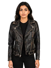 Women's brown sheepskin leather jacket, front view