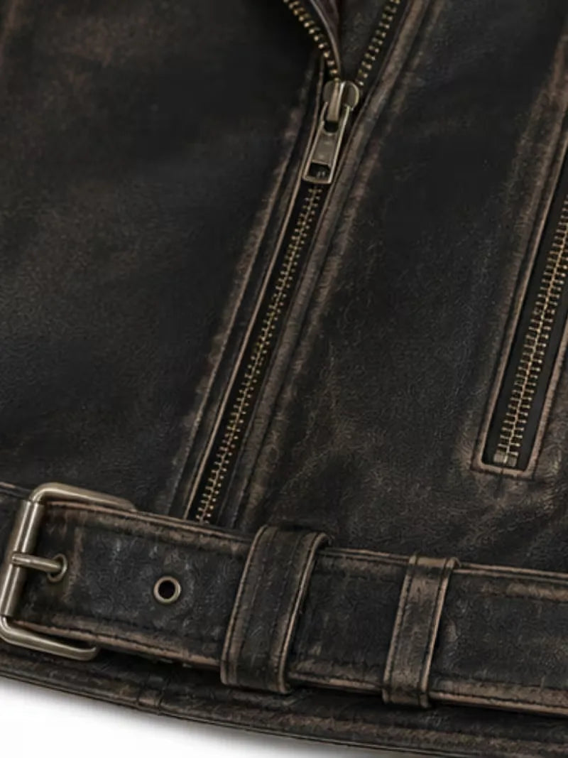 Women's brown sheepskin leather jacket, zip and closure detail