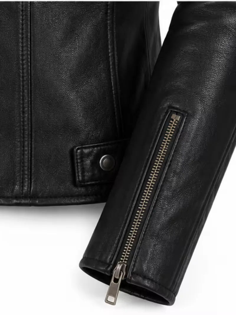 Women's black sheepskin leather jacket, lining detail