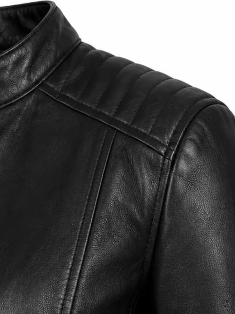 Women's black sheepskin leather jacket, cuff detail