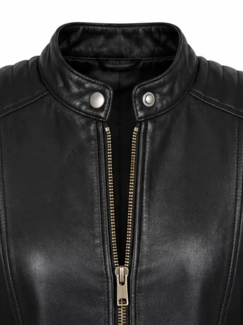 Women's black sheepskin leather jacket, zip and closure detail