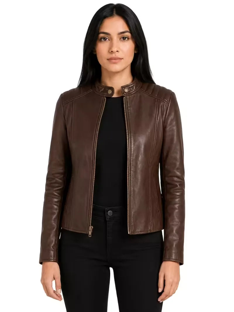 Women's black sheepskin leather jacket, side view