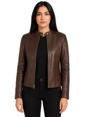 Women's black sheepskin leather jacket, side view
