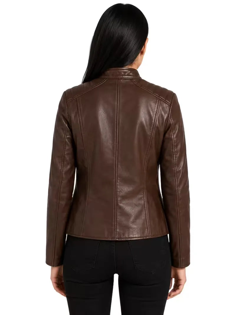 Women's black sheepskin leather jacket, collar detail