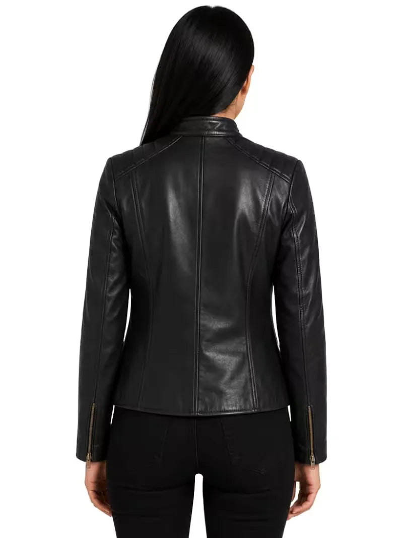Women's black sheepskin leather jacket, back view