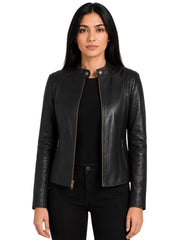 Women's black sheepskin leather jacket, front view
