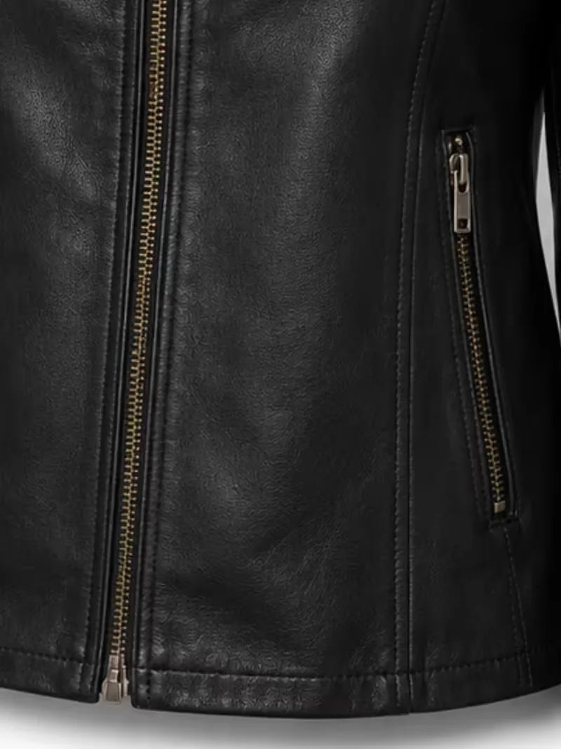 Women's black sheepskin leather jacket, pocket detail