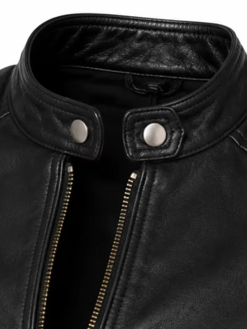 Women's black sheepskin leather jacket, zip and closure detail