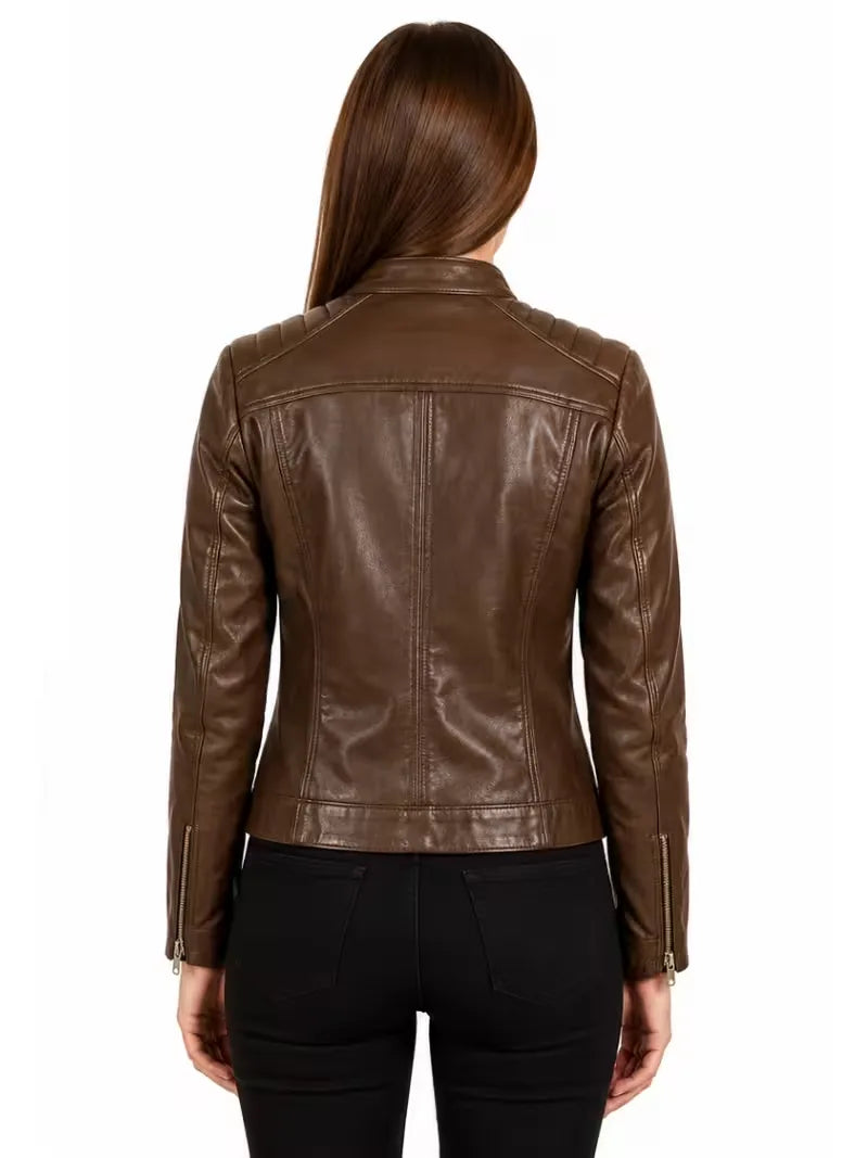 Women's black sheepskin leather jacket, collar detail