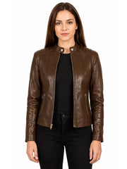 Women's black sheepskin leather jacket, side view