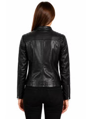 Women's black sheepskin leather jacket, back view