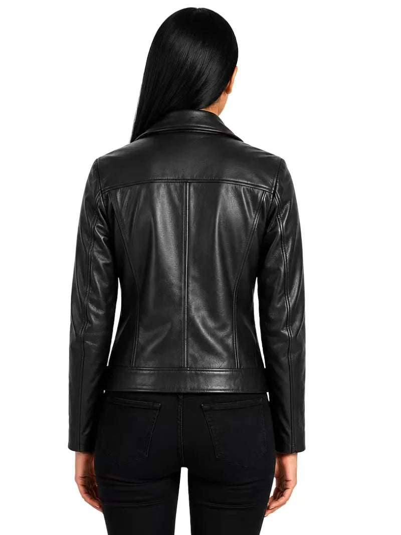 Women's black sheepskin leather shirt jacket, side view