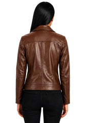 Women's black sheepskin leather shirt jacket, zip and closure detail