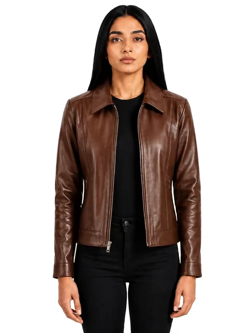 Women's black sheepskin leather shirt jacket, collar detail