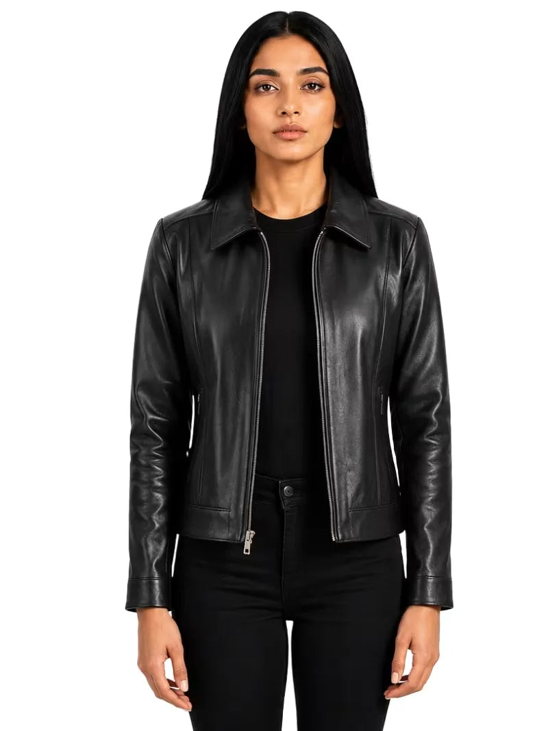 Women's black sheepskin leather shirt jacket, back view